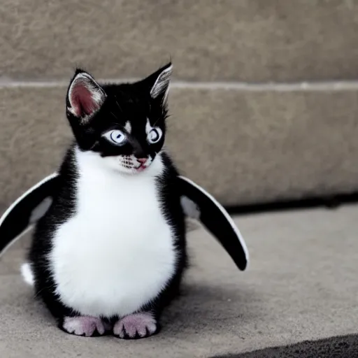 Prompt: a kitten with the body of a penguin but the head of a kitten.