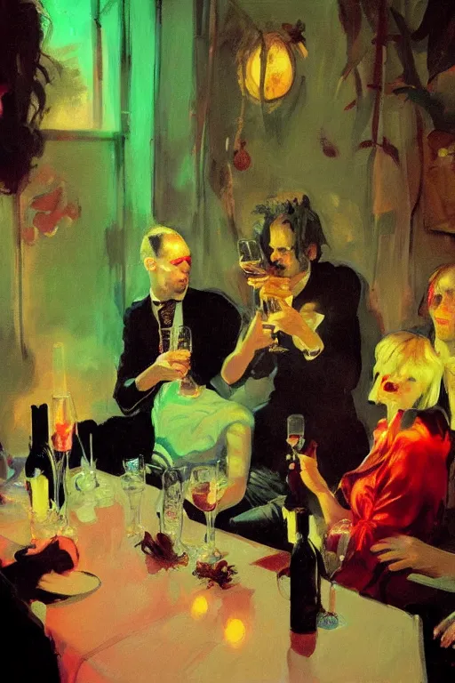 Image similar to glam rockers drinking brutal and raw wine, inside a tiny green room with red lights by joaquin sorolla, greg rutkowski, bill sienckiwicz, extremely detailed