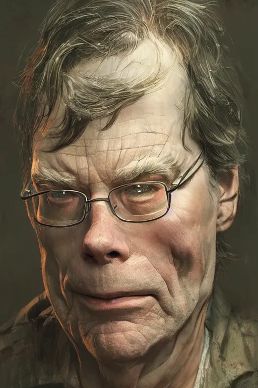 Image similar to Portrait of stephen king as hillbilly, shotgun, village, intricate, highly detailed, smooth, artstation, digital illustration by Ruan Jia and Mandy Jurgens and Artgerm and Wayne Barlowe and Greg Rutkowski and Zdislav Beksinski