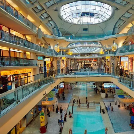 Prompt: photo of inside a shopping mall the inside is flooded with over 2 0 meters depth of clear beautiful water, highly detailed.