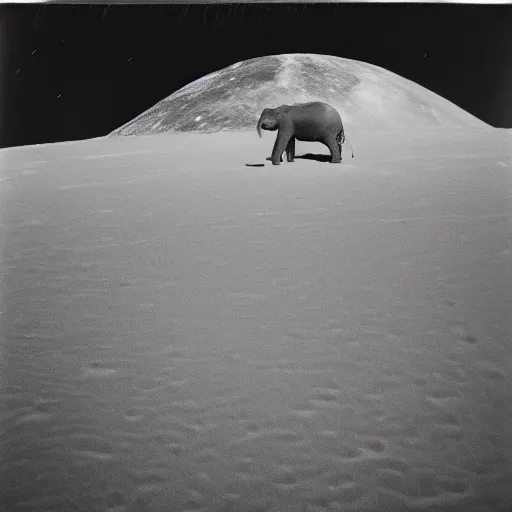 Image similar to extremely detailed black and white polaroid picture by john l. gaunt of a baby elephant standing on the moon's surface. the sky is ominous and filled with crashing meteorites. very grainy picture. dramatic lighting.