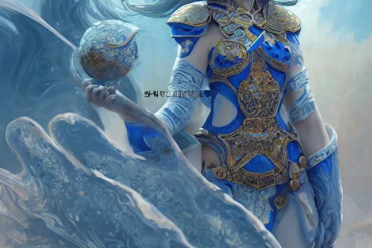 Image similar to portrait knights of Zodiac girl, Chinese Blue and white porcelain reflected armor, kung fu fighting in ruined Agora of Athens sunrise, ssci-fi, fantasy, intricate, very very beautiful, elegant, golden light, highly detailed, digital painting, artstation, concept art, smooth, sharp focus, illustration, art by tian zi and WLOP and alphonse mucha