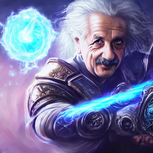 Image similar to portrait of albert einstein as a spellcaster, league of legends amazing splashscreen artwork, gears of war, splash art, natural light, elegant, photorealistic facial features, intricate, fantasy, detailed face, atmospheric lighting, anamorphic lens flare, cinematic lighting, league of legends splash art, hd wallpaper, ultra high details by greg rutkowski