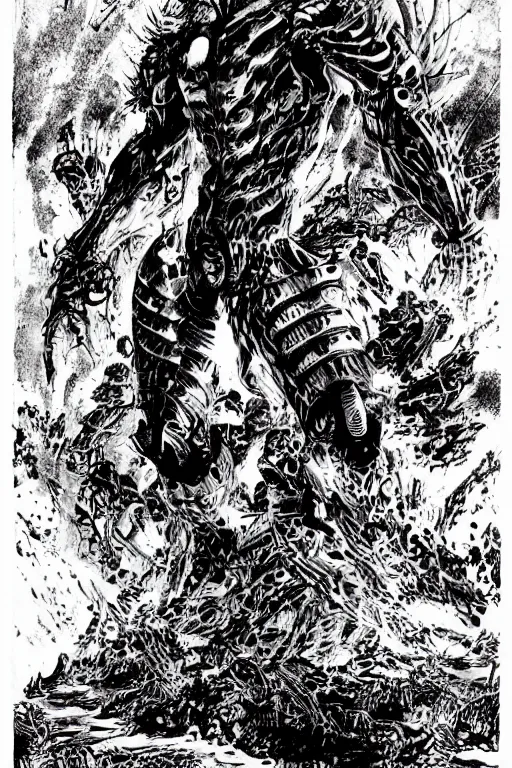 Image similar to the guyver from bio - booster armor guyver 強 殖 装 甲 カイハ as a d & d monster, pen - and - ink illustration, etching, by russ nicholson, david a trampier, larry elmore, 1 9 8 1, hq scan, intricate details, high contrast