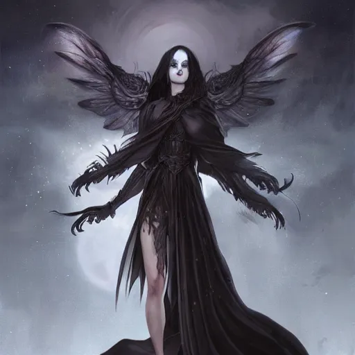 Prompt: the grim reaper as a gorgeous young girl, dark fantasy, intricate, very huge elaborate scythe, very huge black angel wings, elegant, glowave blood moon, full moon, highly detailed, digital painting, artstation, concept art, wallpaper, smooth, sharp focus, illustration, art by artgerm and greg rutkowski and alphonse mucha