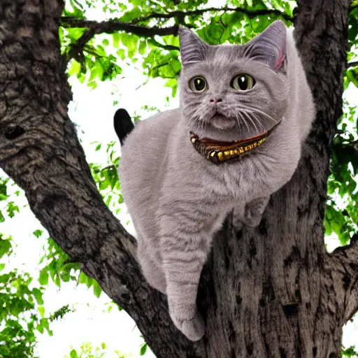 Prompt: mystic cat sitting on a tree and laughing on people that walk nearby