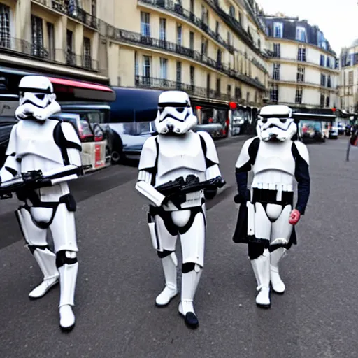 Prompt: storm troopers on the streets of paris, taking photos