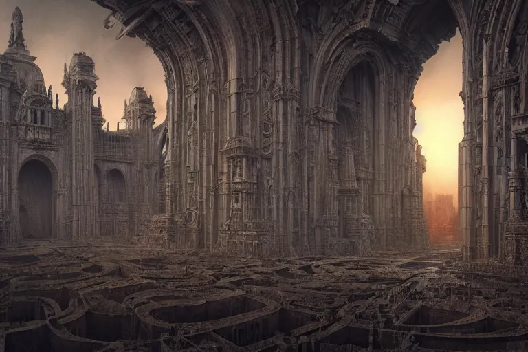 Image similar to sci - fi concrete alien eldritch baroque rococo gothic architecture in hell, babylonian, ziggurat, city, zaha hadid, beksinski, wayne barlowe, oil painting, photoreal, highly detailed, 8 k, hd, vray, artstation, cinematic matte painting, extreme detail photo quality, sunset, featured on behance