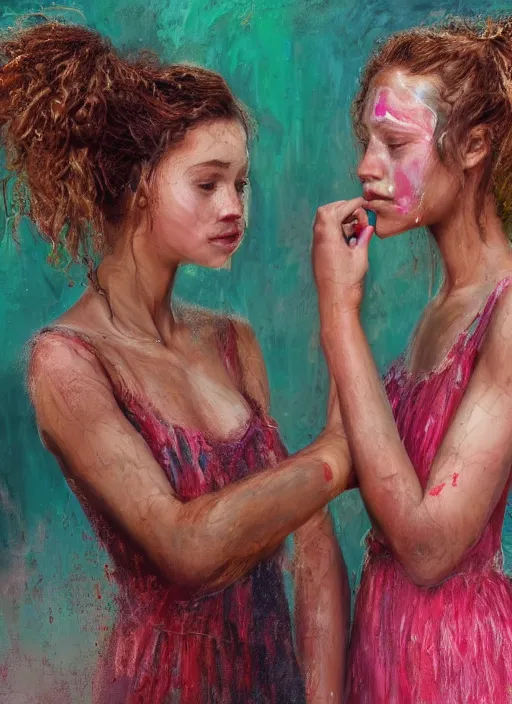 Image similar to a beautiful detailed photo of a woman and girl trying to paint their skin, realistic, f 8, 4 k hd wallpaper