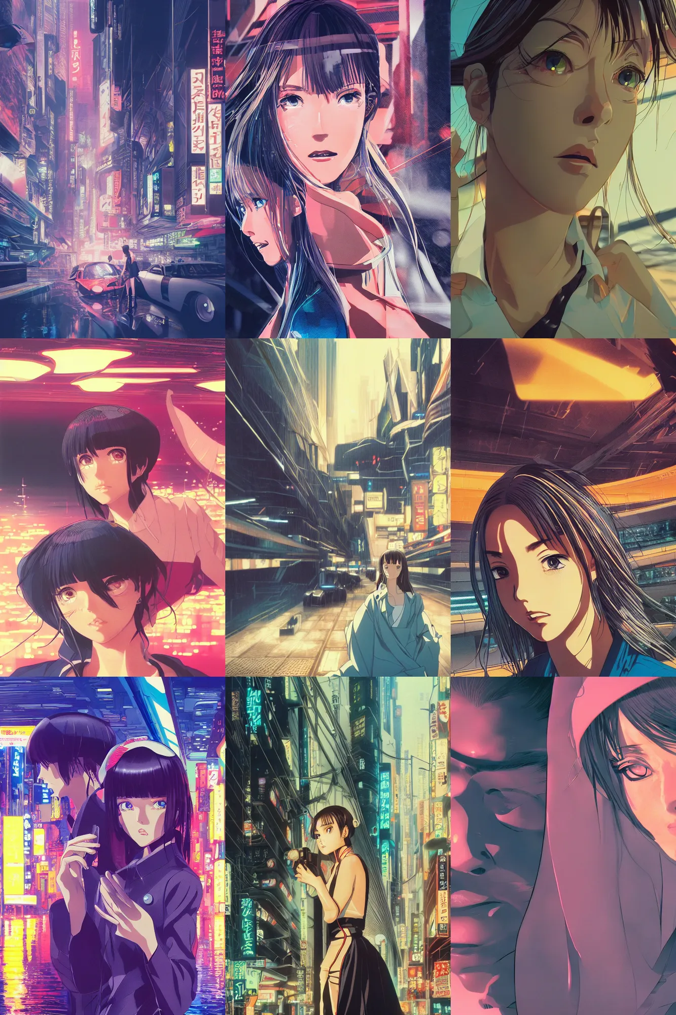 Prompt: Cinestill 800t, 8K, highly detailed, syd mead seinen manga 3/4 extreme closeup portrait, clear eyes, focus on blade runner dress model, tilt shift zaha hadid style anime background: famous syd mead anime remake, pond scene