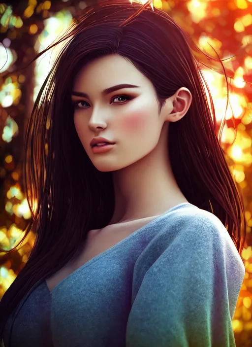 Image similar to photo of a gorgeous female in the style of stefan kostic, realistic, half body shot, sharp focus, 8 k high definition, insanely detailed, intricate, elegant, art by stanley lau and artgerm, bokeh foliage