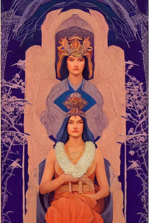 Prompt: queen of the north, by Nicholas Roerich and Annie Swynnerton and Diego Rivera and John William Godward, dramatic cinematic lighting , ornate headdress , flowing robes, sacred artifacts, lost civilizations, smooth, sharp focus, extremely detailed