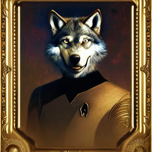 Image similar to a portrait of a wolf dogman canine star trek chief engineer. highly detailed painting by gaston bussiere, craig mullins, j. c. leyendecker, furry