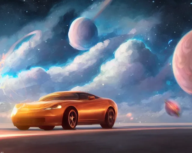 Image similar to one single car in space, cosmic skies. 8 k, octane render, full shot. by makoto shinkai, stanley artgerm lau, wlop, rossdraws, james jean, andrei riabovitchev, marc simonetti, krenz cushart, sakimichan, d & d trending on artstation, digital art.