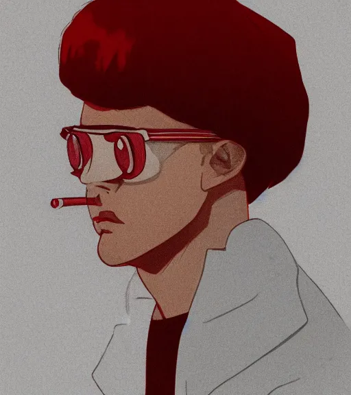 Image similar to young man in red jacket and white shirt, white hair, round goggles, smoking cigarette, character portrait, sharp focus, illustration, high detailed, sad