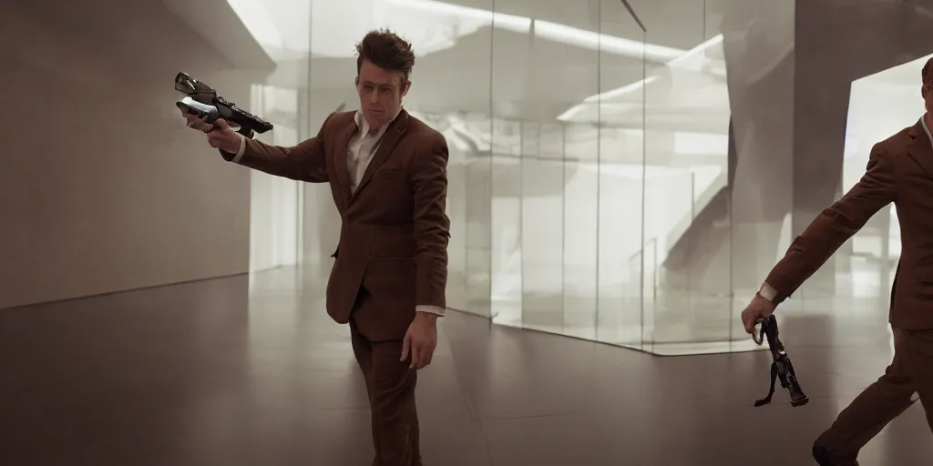 Prompt: a man wearing a brown suit holding a futuristic weapon, glass walls and floor, cinematic, atmospheric, cinematography by greig fraser