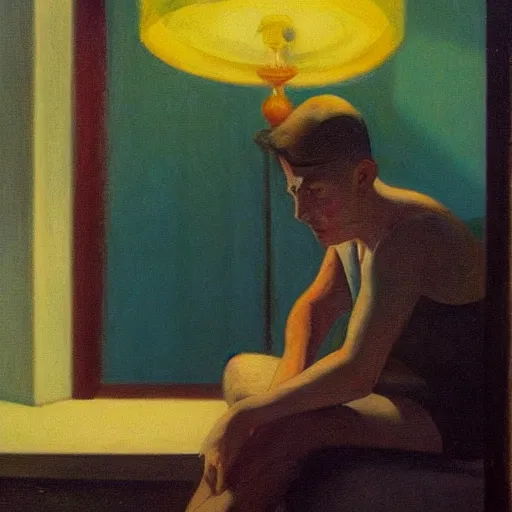 Image similar to a stable diffusion user refusing to sleep even though he can ’ t feel his eyes. in the style of regret and edward hopper. goodnight dreamers 👋💤.