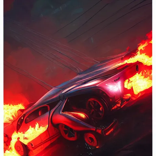 Prompt: cyberpunk car on fire in the middle of the woods, stylized, artgerm, artstation, hd, cgsociety, cgi, realistic, dramatic, cinematic, artistic, trending, detailed