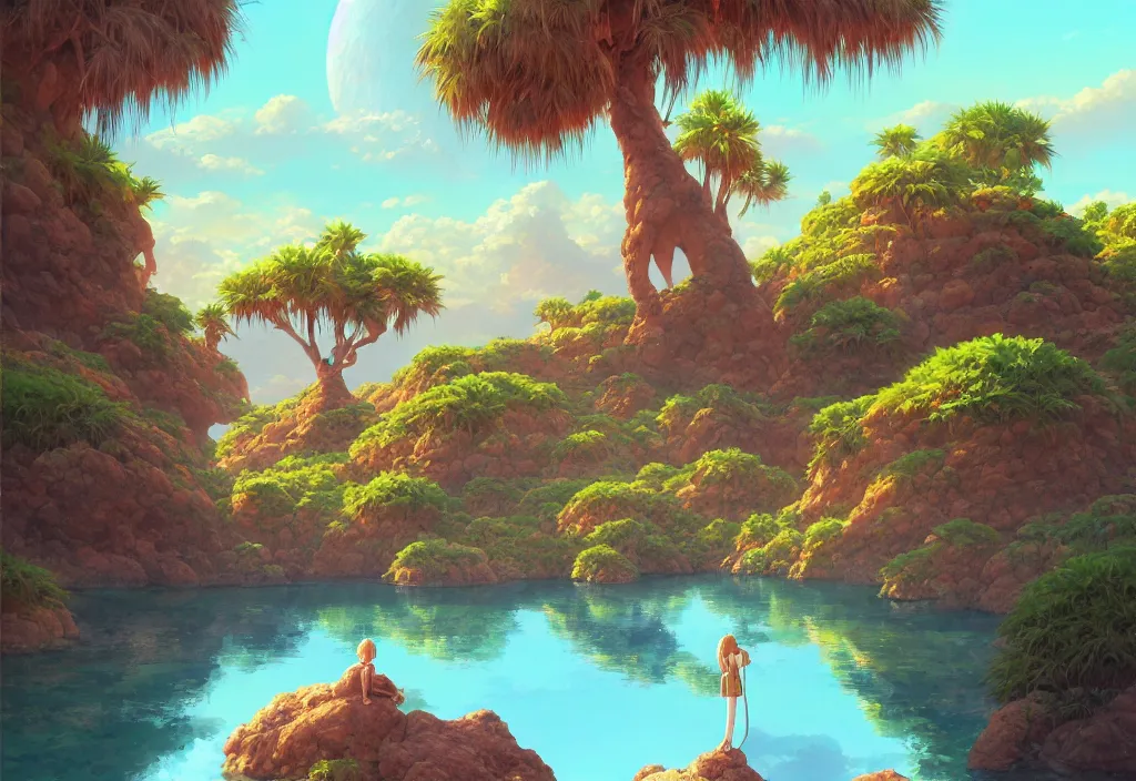 Prompt: a small oasis in the desert, rocks, small lake, palm trees, bushes, a planet in the sky, intricate oil painting, high detail illustration, sharp high detail, manga and anime 1 9 9 9, official fanart behance hd artstation by jesper ejsing and makoto shinkai, 4 k,