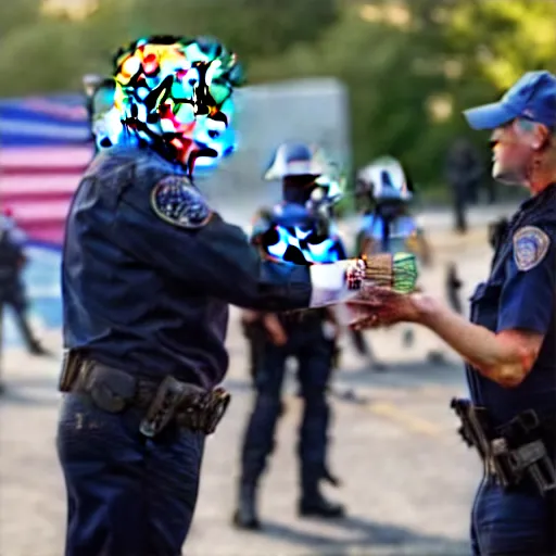 Prompt: donald trump handing a can of pepsi to a police officer during a riot