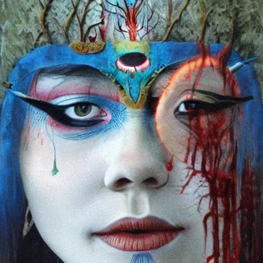 Image similar to A young blindfolded shaman woman with a decorated headband from which blood flows, in the style of heilung, blue hair and wood on her head. The background is a forest on fire, made by Esao Andrews and Karol Bak and Zdzislaw Beksinski,