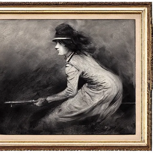 Image similar to ww 1 action heroine by alfred stevens in charcoal