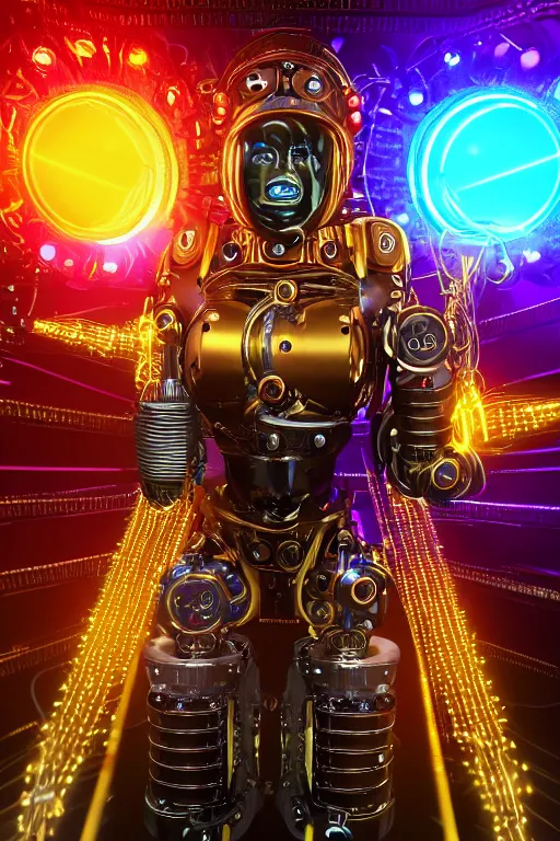 Prompt: portrait photo of a giant huge golden and blue metal humanoid steampunk robot female singer with a human face and gears and tubes, in the foreground is a big red glowing microphone, eyes are glowing red lightbulbs, shiny crisp finish, 3 d render, 8 k, insaneley detailed, fluorescent colors, background is multicolored lasershow