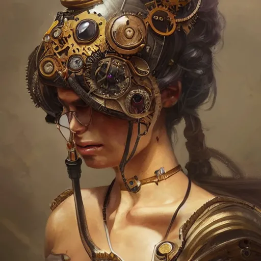 Image similar to a beautiful portrait of a steampunk goddess, a detailed painting by greg rutkowski and raymond swanland, featured on cgsociety, fantasy art, detailed painting, artstation hd, photorealistic