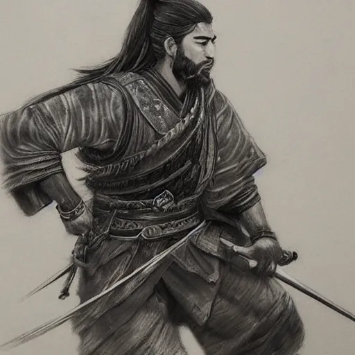 Prompt: Kurdish samurai, detailed charcoal sketch, realistic, incredibly detailed, award winning art, cinematic, extremely high detail, concept art, 4k fantasy art, trending on artstation, full body shot