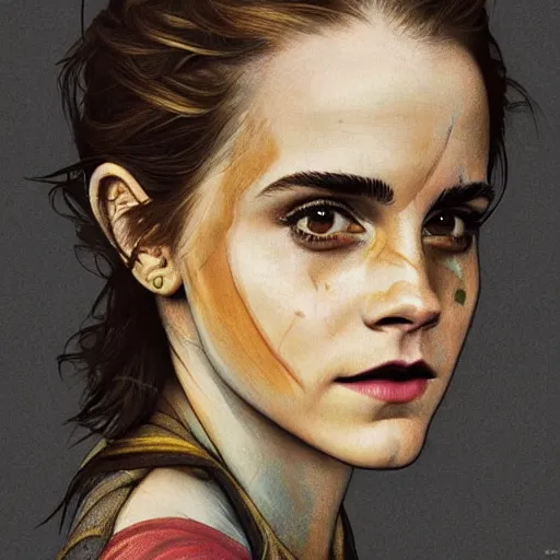 Image similar to Very funny Emma Watson looking like an old monkey, colorful painting on grey scale face, powerful , magic, thunders, dramatic lighting, intricate, wild, highly detailed, digital painting, artstation, concept art, smooth, sharp focus, illustration, art by artgerm and greg rutkowski and alphonse mucha, footage