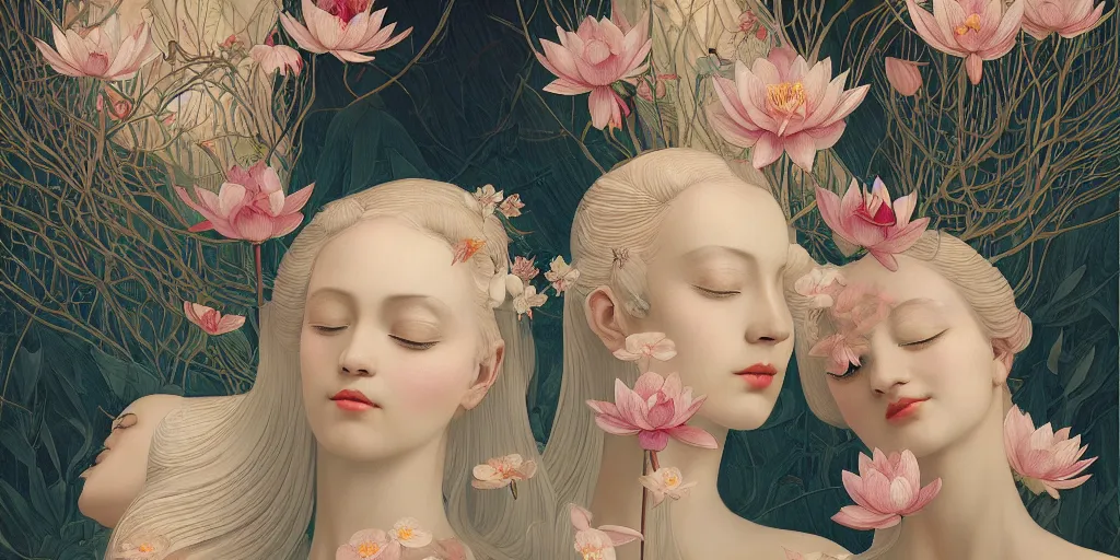 Prompt: breathtaking detailed concept art painting art deco pattern of blonde faces goddesses amalmation lotus flowers with anxious piercing eyes and blend of flowers and birds, by hsiao - ron cheng and john james audubon, bizarre compositions, exquisite detail, extremely moody lighting, 8 k