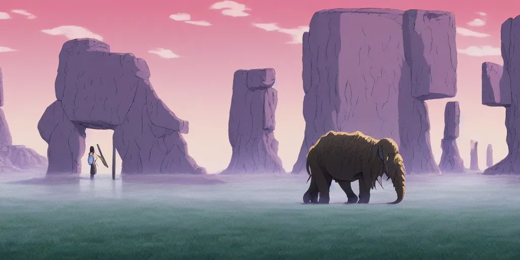 Image similar to a realistic cell - shaded studio ghibli concept art from paprika ( 2 0 0 6 ) of a giant mammoth and a grey native american warrior in a flooded monument valley stonehenge. very dull colors, wide shot, hd, 4 k, hq