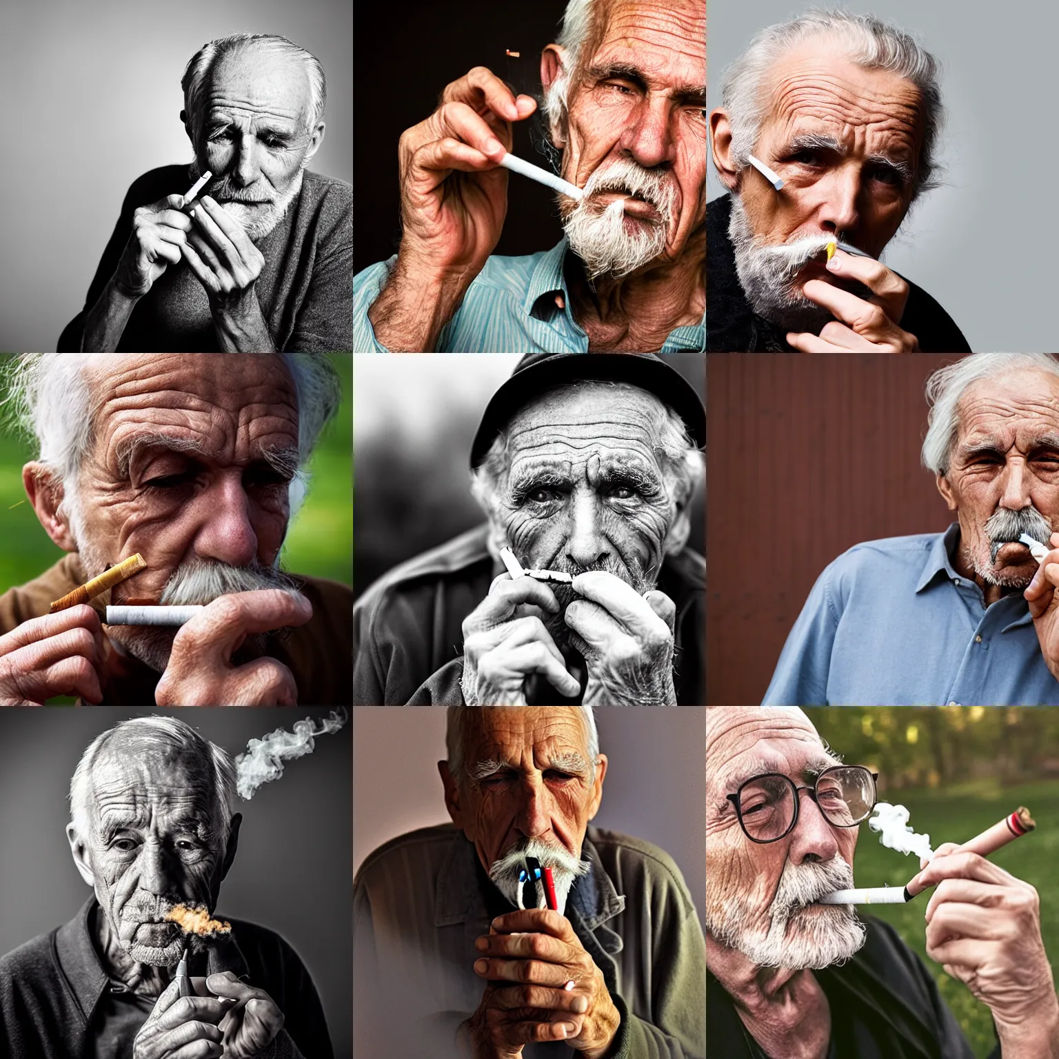 Prompt: portrait of old man smoking a cigarette, photo realistic, photo of the year