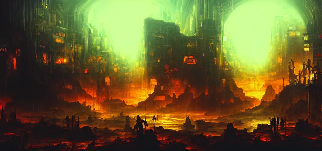 Image similar to baroque oil painting of environment of a hell portal in a cyberpunk world, brutalist, dark fantasy, sunset, rule of thirds, digital cel shading, fake hidden detail, trending on pixiv fanbox
