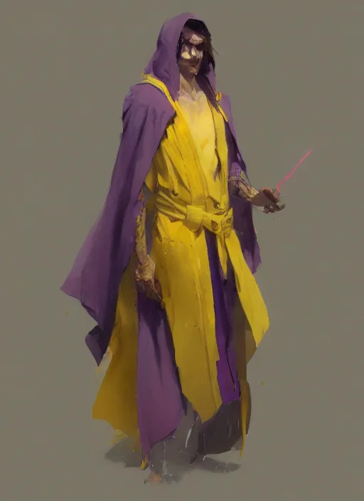 Prompt: concept art of a character wearing a yellow and purple robe by greg rutkowski and artgem, detailed, digital art, trending on artstation, hyper - realistic