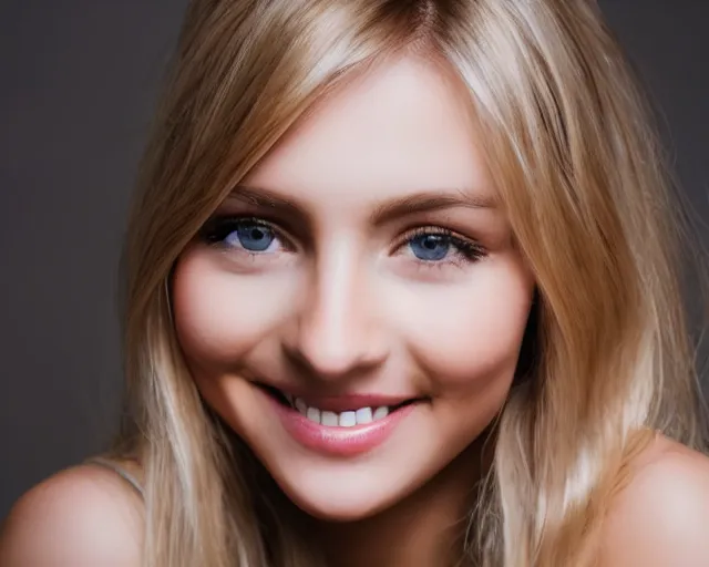 Prompt: blonde model girl smiling close up portrait show head