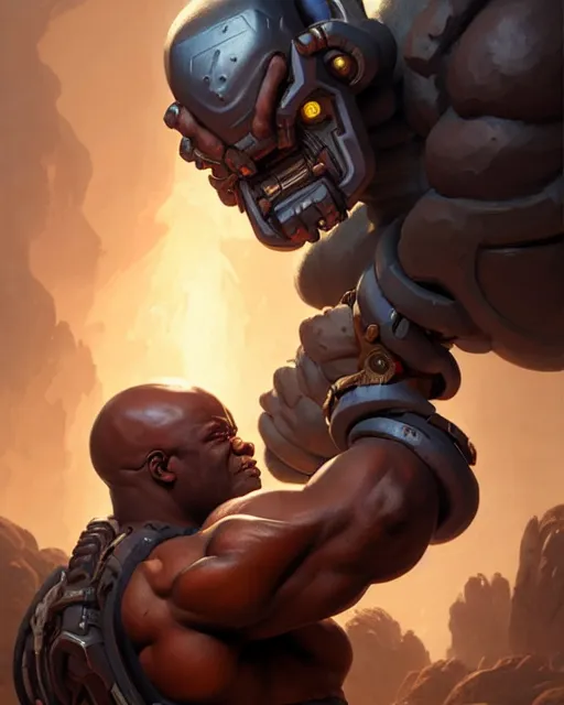 Image similar to doomfist from overwatch, character portrait, concept art, intricate details, highly detailed by greg rutkowski, michael whelan and gustave dore