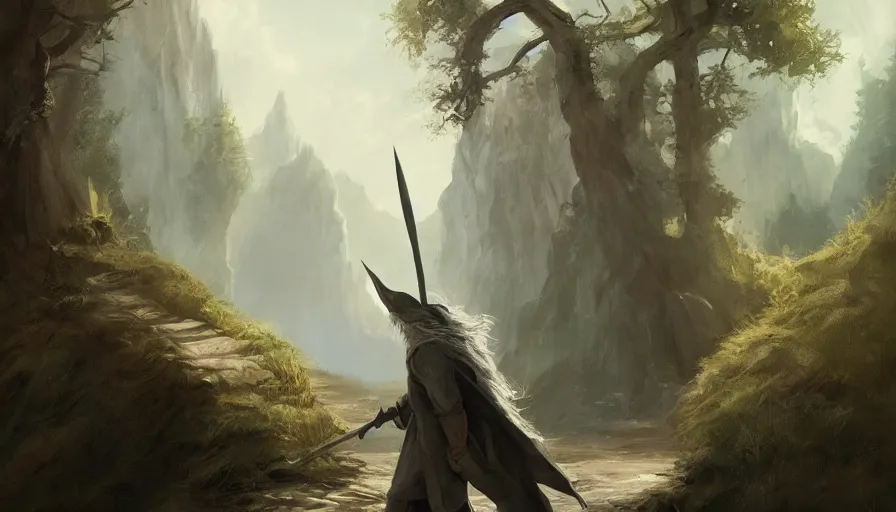 Image similar to concept art of gandalf approaching the shire, jama jurabaev, brush hard, artstation, high quality, brush stroke, soft lighting