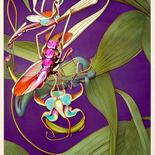 Image similar to majestic colorful orchid mantis cloisonne enamel by leon bakst and yoshitaka amano, cloisonne, beautiful hyperdetailed art nouveau orchids, james jean, amanda sage