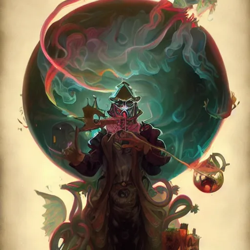 Prompt: Soul Vape, human Owl Alchemist, graphic illustrated poster, by Peter Mohrbacher, trending on artstation, by Ross Tran