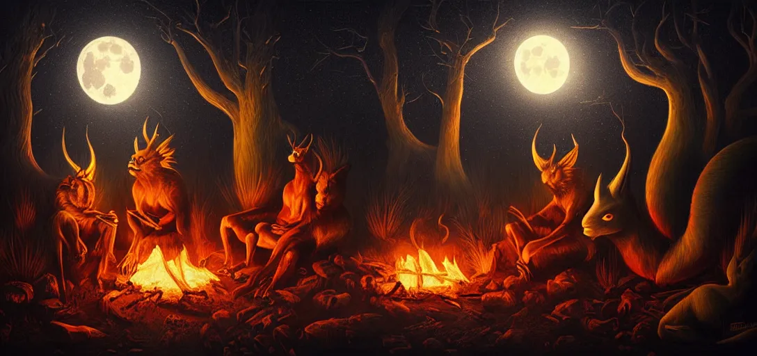 Image similar to strange mythical beasts of sitting around a fire under a full moon, surreal dark uncanny painting by ronny khalil