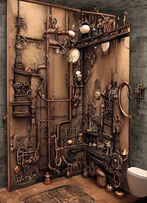 Prompt: very very detailed steampunk bathroom intricate oxidized copper