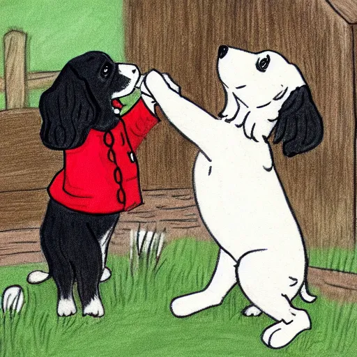 Image similar to a cute spaniel playing with Rupert Bear, illustration, hand drawn