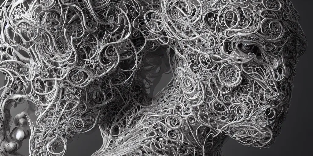Image similar to hyperrealistic photography of a stunningly beautiful cyborg male, intimate, intricate tendril filigree, fibonacci, in the style of beth cavener, jin kagetsu, and wlop, highly detailed, chrome face symmetry, masterpiece, award winning, sharp focus, concept art, high key, ambient lighting, 8 k, octane render,