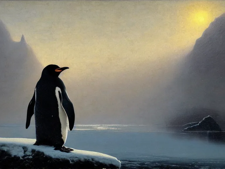 Image similar to an oil painting of a penguin next to a frozen ocean and a misty glacier at dawn. by beksinski tuomas korpi moebius and carl spitzweg. baroque elements. intricate artwork by caravaggio. oil painting. oil on canvas. award winning. dramatic. trending on artstation. 8 k