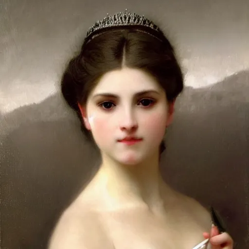 Image similar to portrait painting of a princess, close-up, highly beautiful, elegant, graceful, platinum white hair, pale, by Bouguereau, highly detailed, sharp focus, smooth