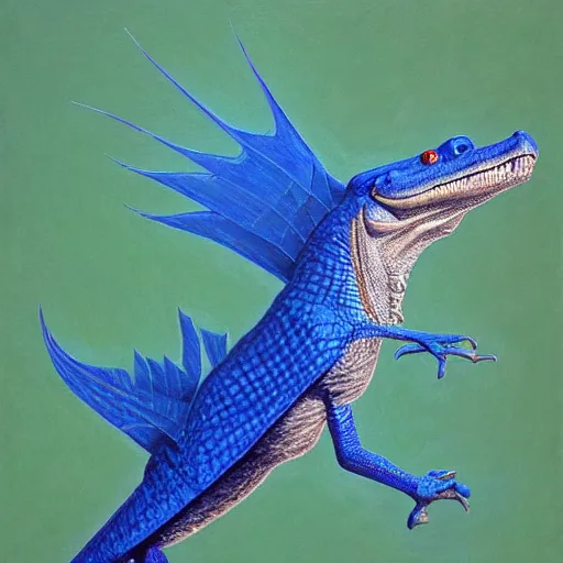 Prompt: a detailed close - up oil painting profile of a crocodile blue jay hybrid with open jaws, flying, intricate, trending on artstation, well - lit, by michael whelan, james gurney, and donato giancola - w 7 0 0