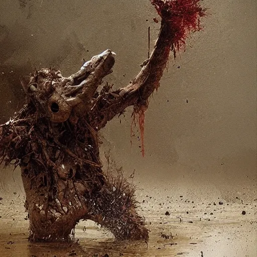 Prompt: painting by jakub rozalski of a muddy rooted humanoid creature with a big hole in the head