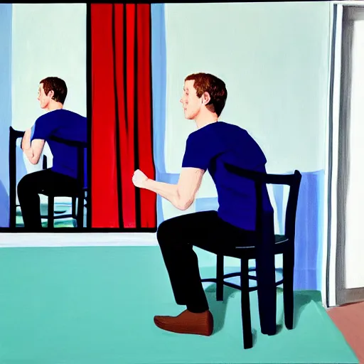 Image similar to painting of mark zuckerberg swearing a blue shirt, sitting on a white chair next to a mirror, room with white walls, by david hockney