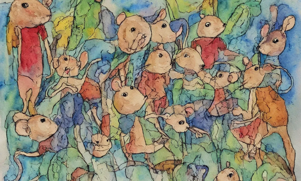 Image similar to a man made of mice outsider art children's illustration watercolor painting